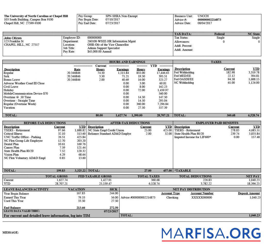 Blank THE University of North Carolina at Chapel Hill paystub example